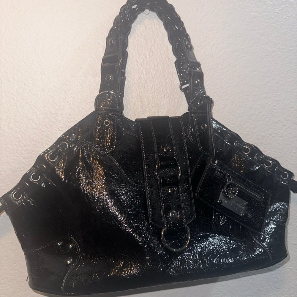 Black Pleather Punk Buckle Tote Purse Large Shoulder Bag